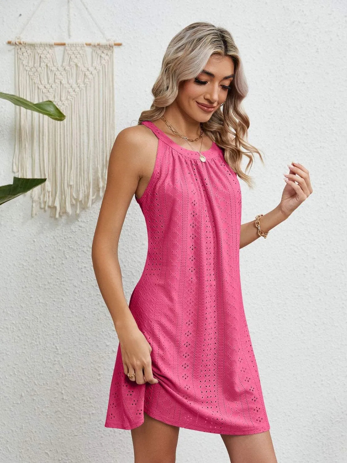 Eyelet Grecian Neck Mini Dress Casual Dresses - Tophatter Daily Deals