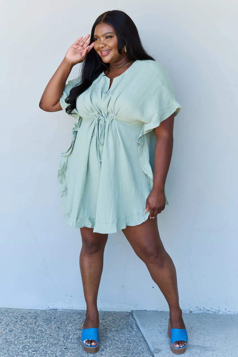 Ninexis Out Of Time Full Size Ruffle Hem Dress with Drawstring Waistband in Light Sage Casual Dresses - Tophatter Daily Deals