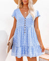 Printed V-Neck Buttoned Short Sleeve Mini Dress Pastel Blue Casual Dresses - Tophatter Daily Deals