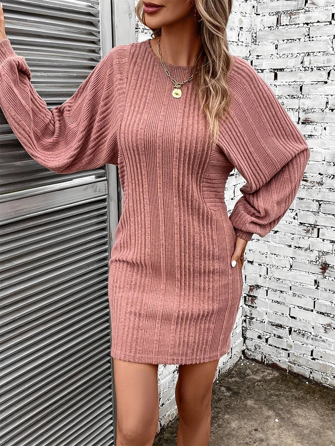 Ribbed Round Neck Long Sleeve Dress Casual Dresses - Tophatter Daily Deals