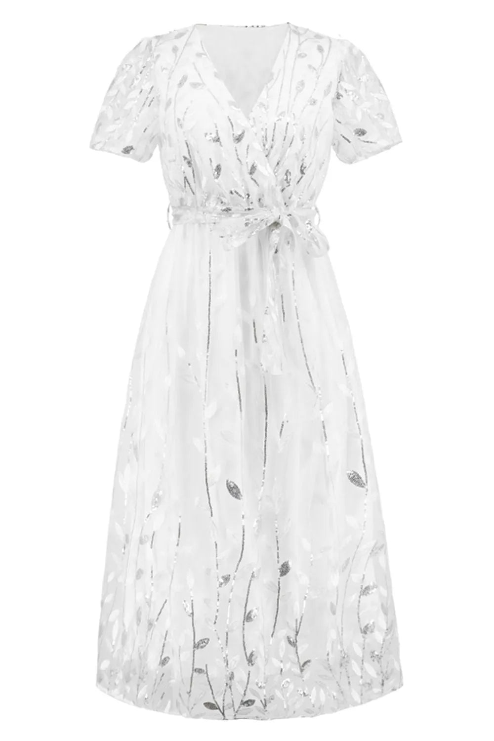 Sequin Leaf Embroidery Tie Front Short Sleeve Dress Cocktail Dresses - Tophatter Daily Deals