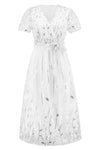 Sequin Leaf Embroidery Tie Front Short Sleeve Dress Cocktail Dresses - Tophatter Daily Deals