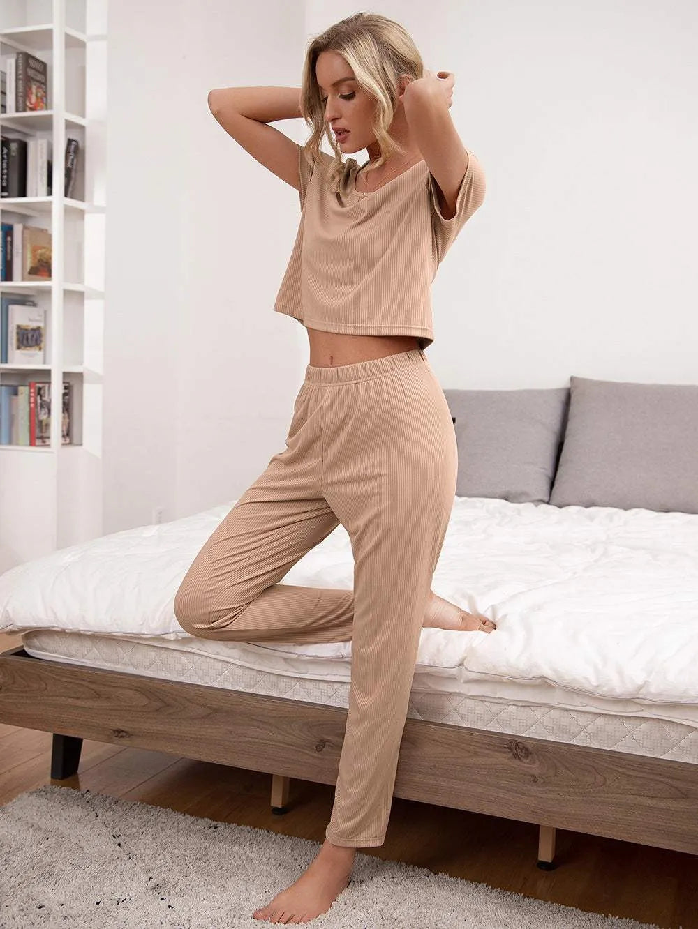 Round Neck Short Sleeve Top and Pants Lounge Set Tan Loungewear Sets - Tophatter Daily Deals