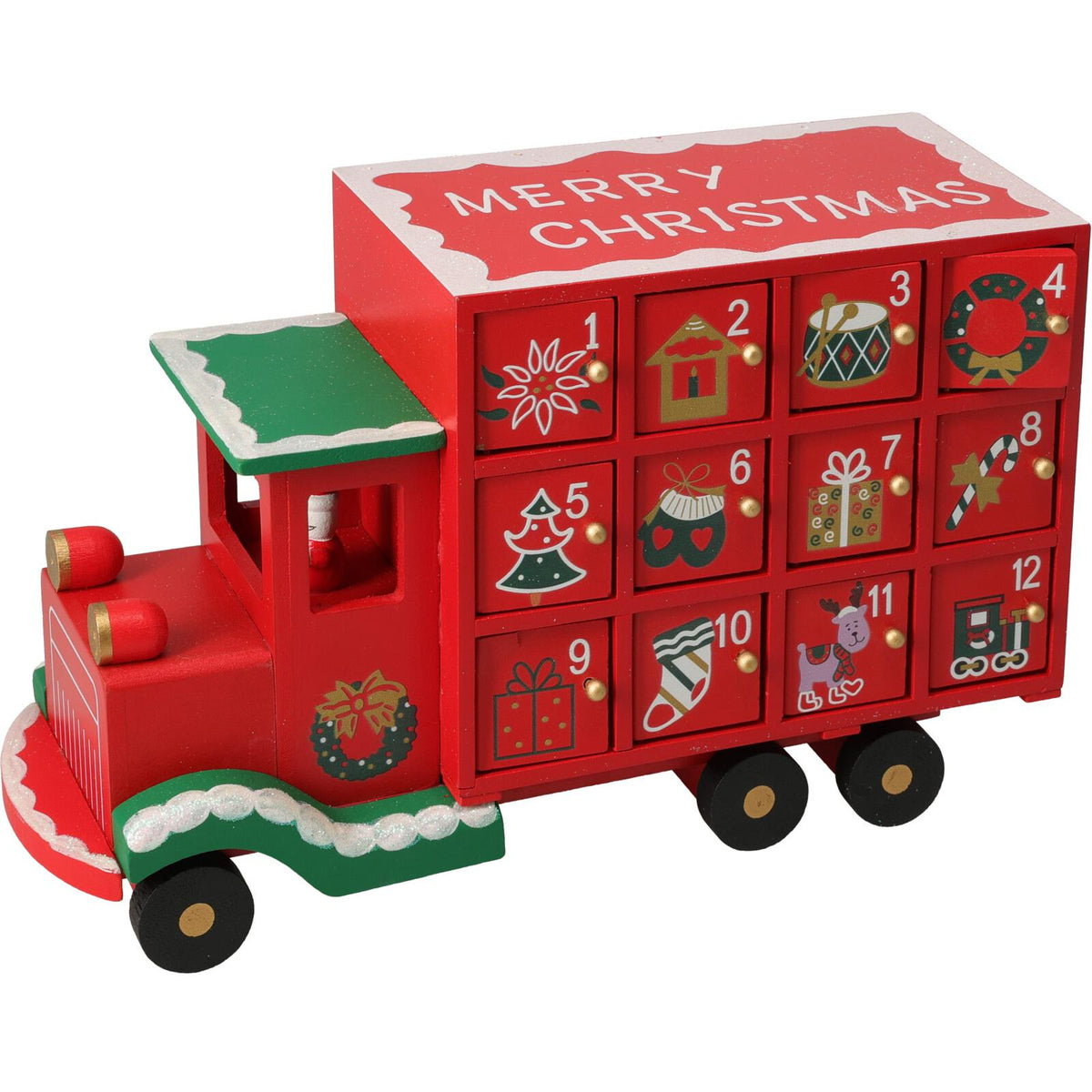 Wooden Christmas Truck Advent Calendar | Festive Red Truck with 24 Drawers 29cm Advent Calendar - Tophatter Daily Deals