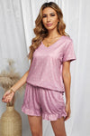 Polka Dot V-Neck Top and Ruffled Shorts Lounge Set Pink Loungewear Sets - Tophatter Daily Deals