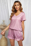 Polka Dot V-Neck Top and Ruffled Shorts Lounge Set Loungewear Sets - Tophatter Daily Deals