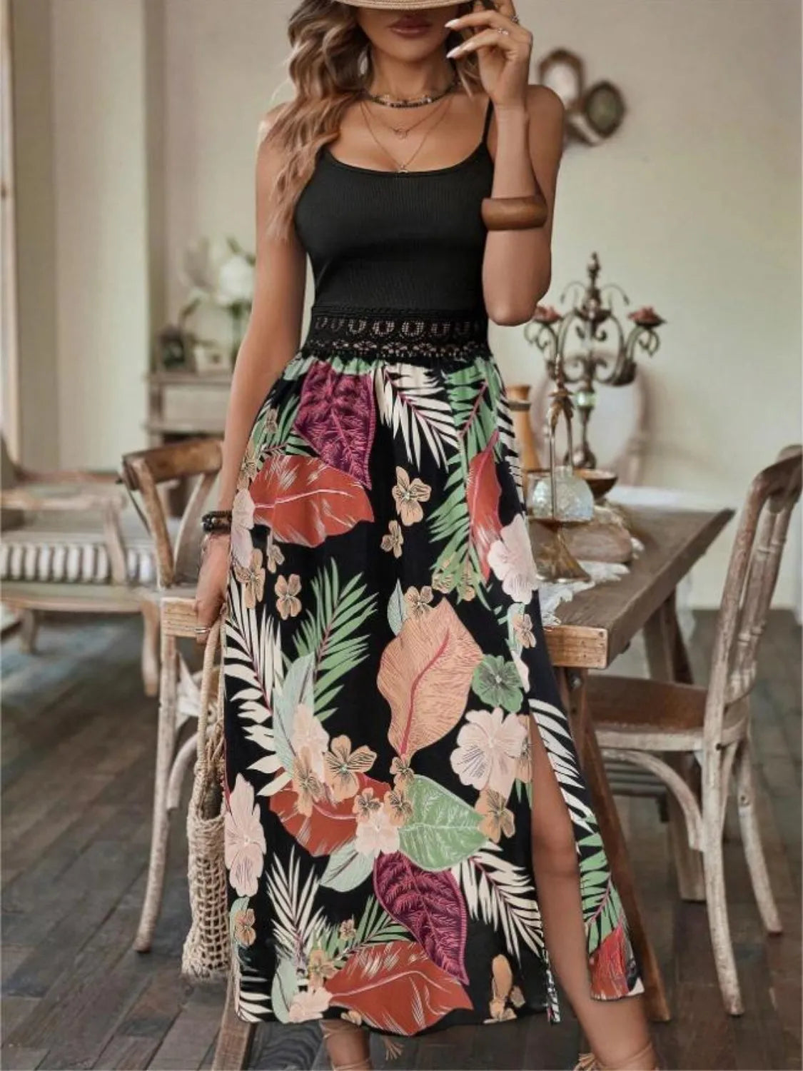 Slit Printed Scoop Neck Cami Dress Casual Dresses - Tophatter Daily Deals