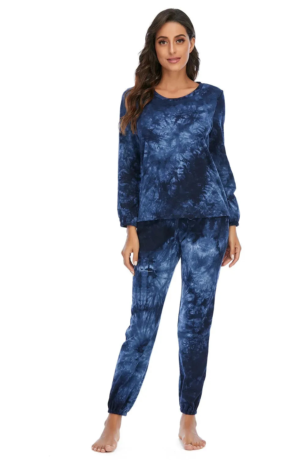Tie-Dye Top and Drawstring Pants Lounge Set Dark Blue Loungewear Sets - Tophatter Daily Deals