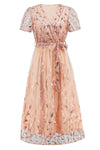 Sequin Leaf Embroidery Tie Front Short Sleeve Dress Cocktail Dresses - Tophatter Daily Deals