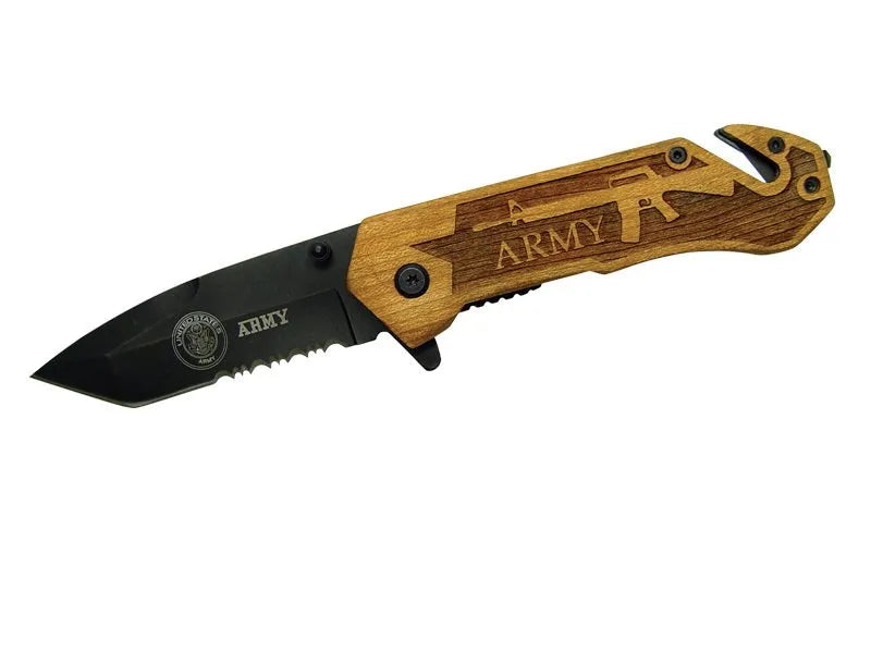 Assisted Opening Rescue Knife with Wood Handle - Army - Tophatter Daily Deals