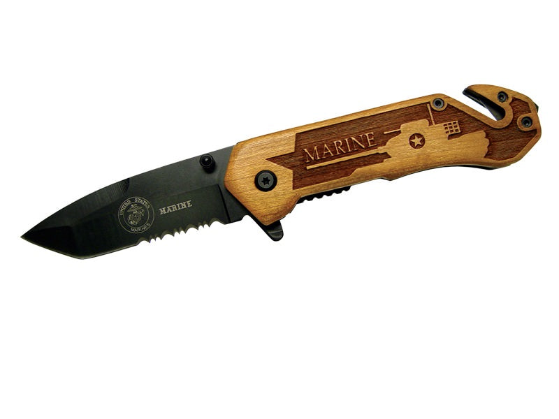 Assisted Opening Rescue Knife with Wood Handle - Marines Collectible Weapons - Tophatter Daily Deals
