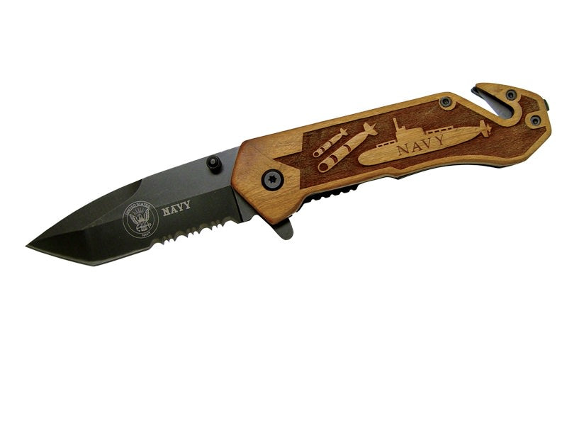 Assisted Opening Rescue Knife - Wood Handle - Navy - TOPHATTER'S ARMORY DEALS Collectible Weapons - Tophatter Daily Deals
