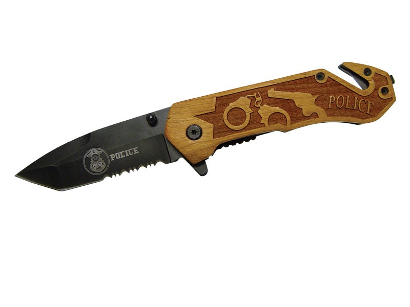 Assisted Opening Rescue Knife with Wood Handle - Police - TOPHATTER'S ARMORY DEALS Collectible Weapons - Tophatter Daily Deals