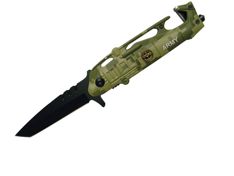 Army Camo Helicopter Tanto Assisted Open Knife Rescue Knife - TOPHATTER'S ARMORY DEALS Collectible Weapons - Tophatter Daily Deals