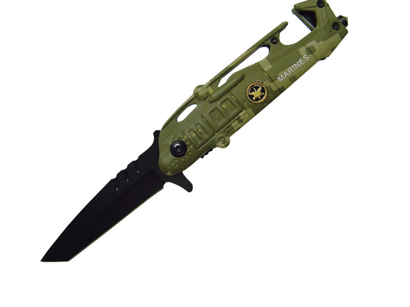 Marines Camo Helicopter Tanto Assisted Open Knife Rescue Knife Collectible Weapons - Tophatter Daily Deals