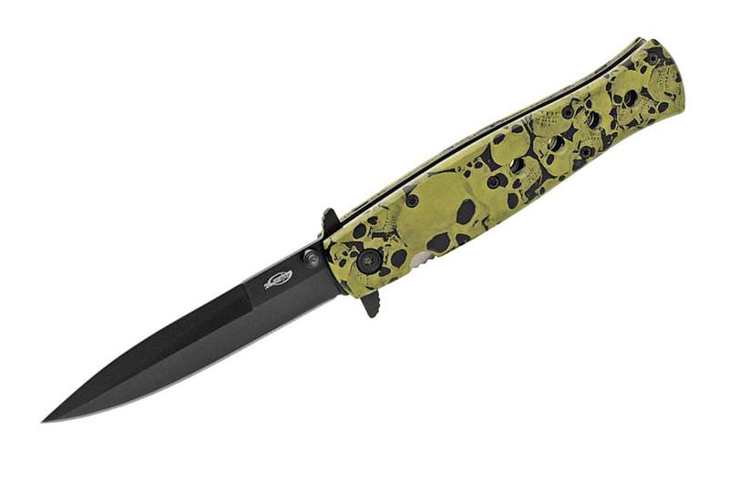 Green Skull Camo Stiletto Style Spring Assisted Opening Knife - TOPHATTER'S ARMORY DEALS Collectible Weapons - Tophatter Daily Deals