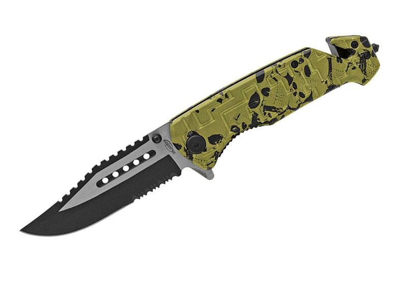 Green Skull Camo Tactical Rescue Style Assisted Knife - TOPHATTER'S ARMORY DEALS Collectible Weapons - Tophatter Daily Deals