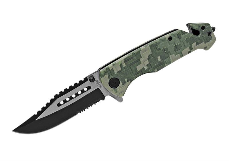Digital Green Camo Tactical Rescue Style Assisted Knife - TOPHATTER'S ARMORY DEALS Collectible Weapons - Tophatter Daily Deals