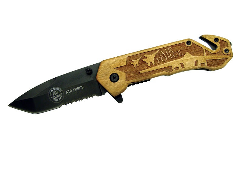 Assisted Opening Rescue Knife with Wood Handle - Air Force Collectible Weapons - Tophatter Daily Deals