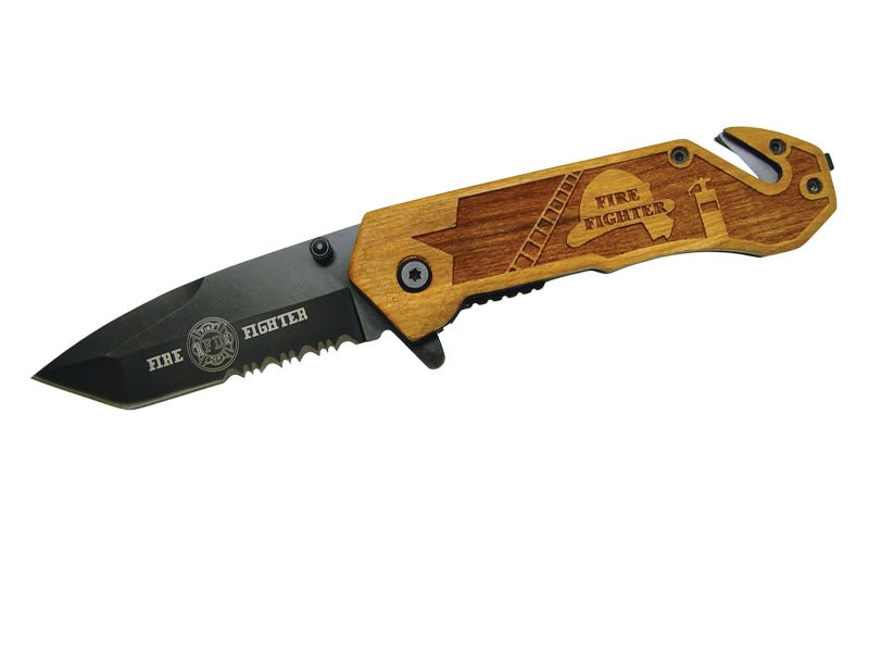 Assisted Opening Rescue Knife with Wood Handle - Fire Fighter Collectible Weapons - Tophatter Daily Deals