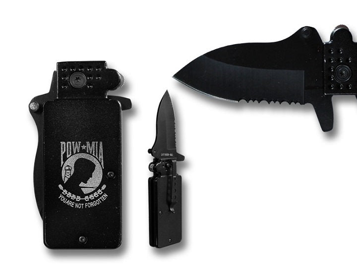 POW MIA 3.5 Inch Spring Assisted Lighter Style Knife w Belt Clip Collectible Weapons - Tophatter Daily Deals