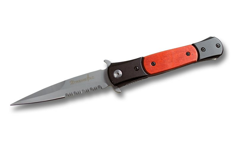8 Inch Spring Assist Stiletto Grey Brown Wood Handle Knife Collectible Weapons - Tophatter Daily Deals