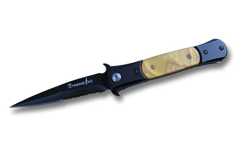 8 Inch Spring Assist Stiletto Yellow Pearl Handle Knife - Tophatter Daily Deals