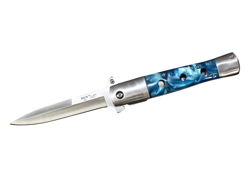 Stiletto Style Spring Assist knife With Blue Pearl Handle - TOPHATTER'S ARMORY DEALS Collectible Weapons - Tophatter Daily Deals