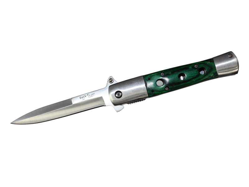 Stiletto Style Spring Assist knife With Green wood Handle - TOPHATTER'S ARMORY DEALS Collectible Weapons - Tophatter Daily Deals