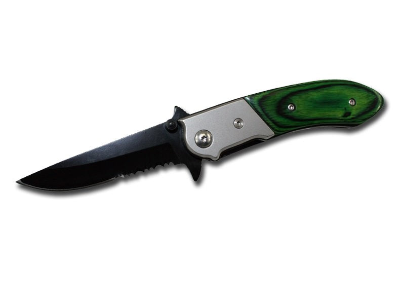 7 Inch Spring Assist Green Pakkawood Handle Knife - TOPHATTER'S ARMORY DEALS Collectible Weapons - Tophatter Daily Deals