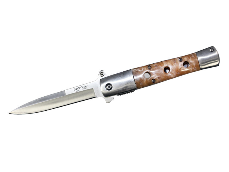 Stiletto Style Spring Assist knife With Yellow Pearl Handle - Tophatter Daily Deals