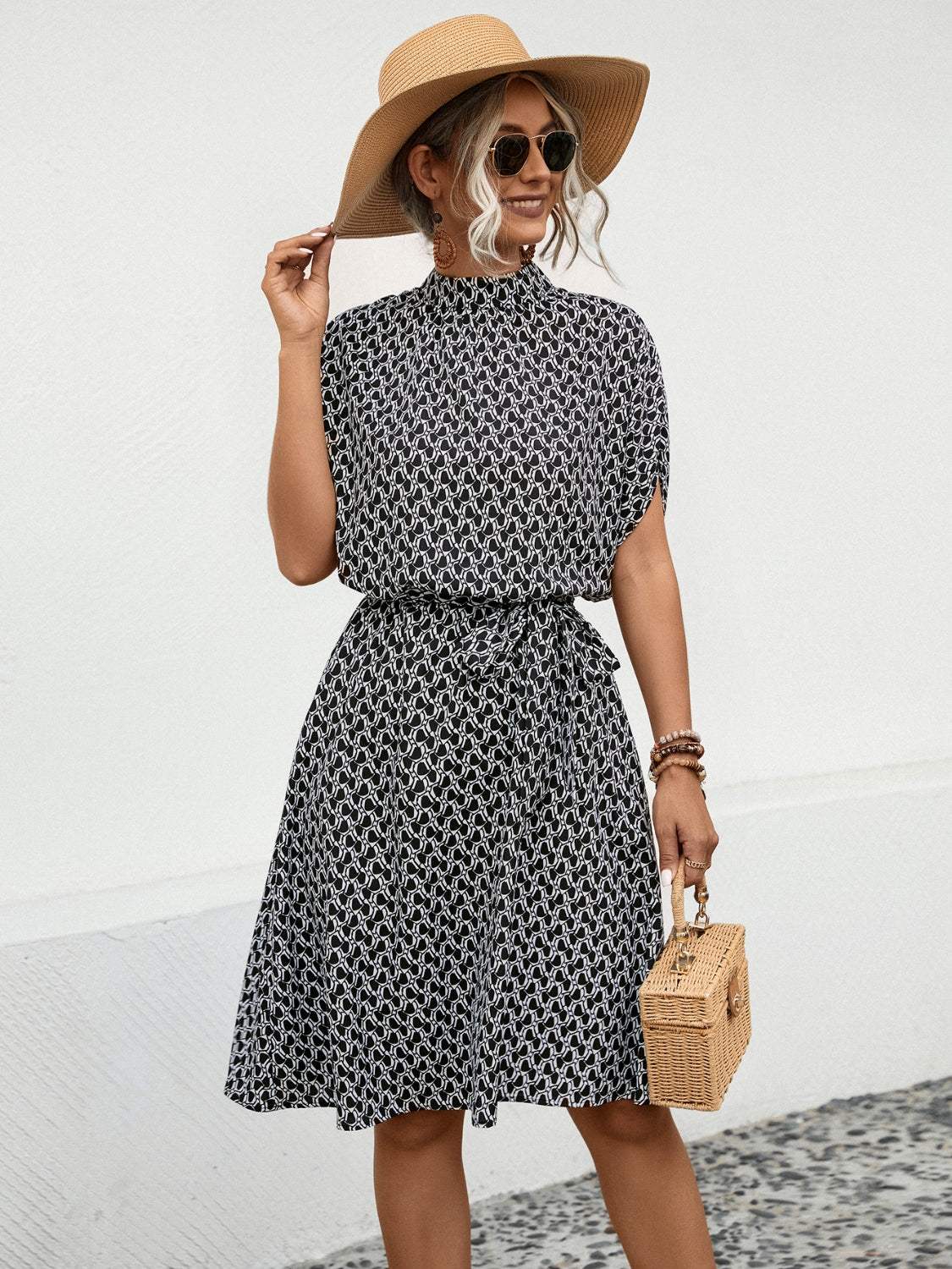 Tied Printed Mock Neck Short Sleeve Dress Casual Dresses - Tophatter Daily Deals