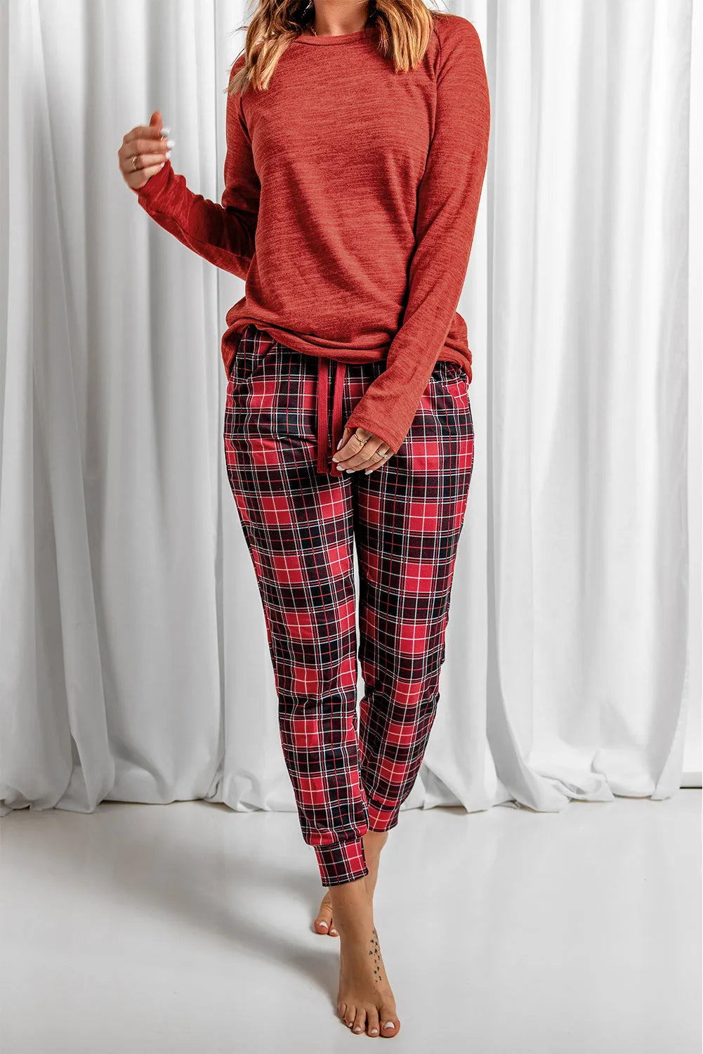 Round Neck Top and Drawstring Plaid Pants Lounge Set Loungewear Sets - Tophatter Daily Deals