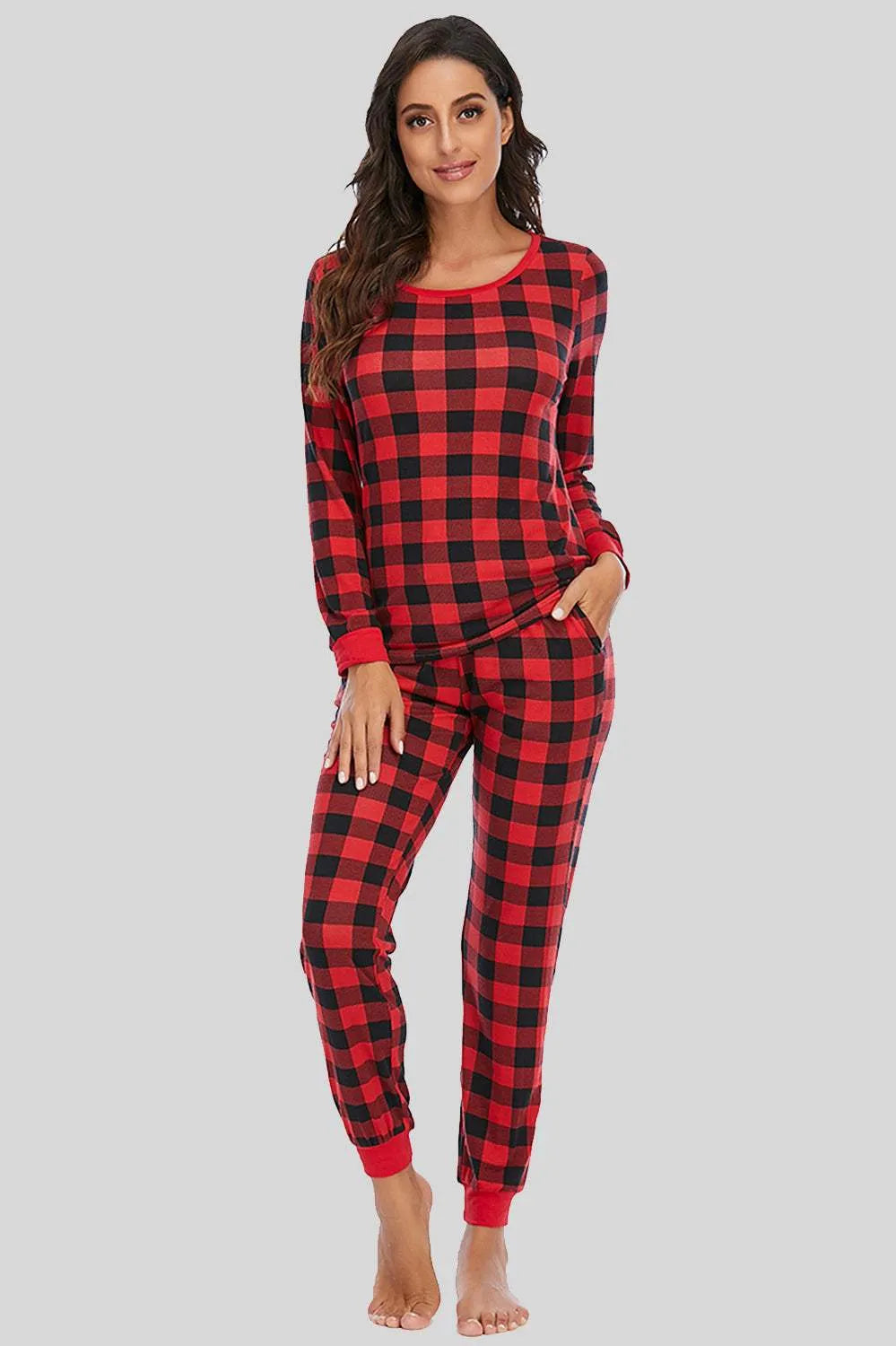 Plaid Round Neck Top and Pants Set Deep Red Loungewear Sets - Tophatter Daily Deals