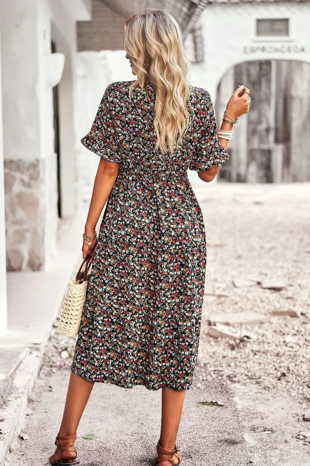 Floral V-Neck Flounce Sleeve Midi Dress Casual Dresses - Tophatter Daily Deals