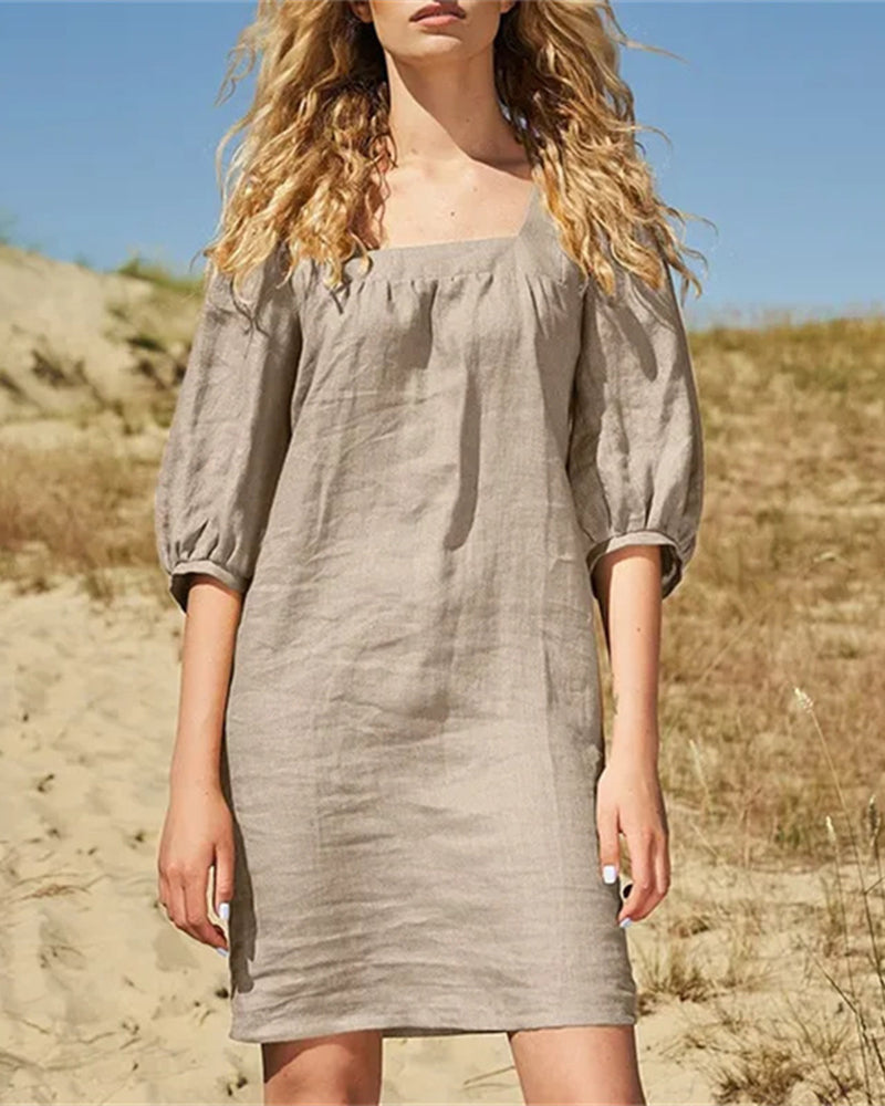 Square Neck Casual Dress Khaki Mini Dresses - Tophatter Daily Deals