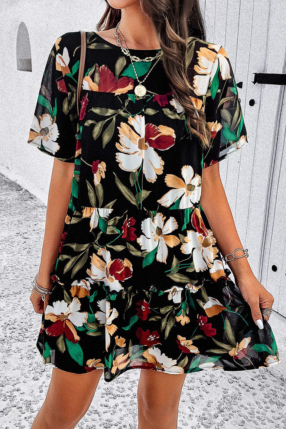 Printed Tiered Round Neck Mini Dress Black Casual Dresses - Tophatter Daily Deals