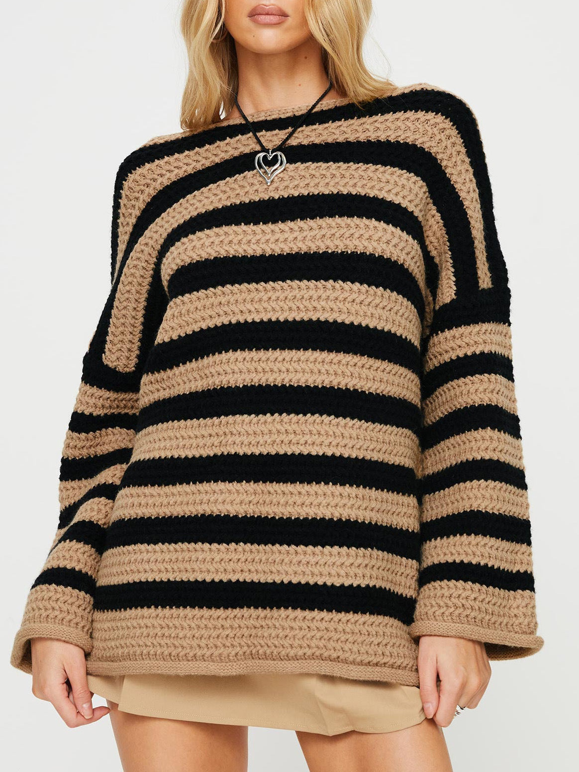 Oversized Women Off Shoulder Sweater - Striped Knit Casual Khaki 3D Changing Face Moving Picture Frame - Tophatter Daily Deals