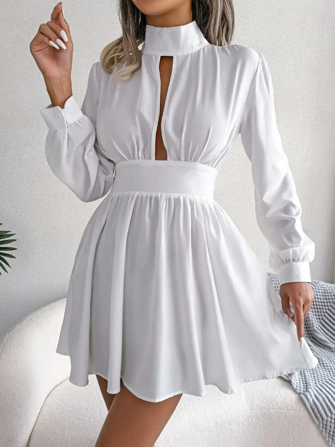 Cutout Turtleneck A-Line Mini Dress White Cocktail Dresses - Tophatter Daily Deals