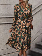Leopard Notched Flounce Sleeve Midi Dress Casual Dresses - Tophatter Daily Deals