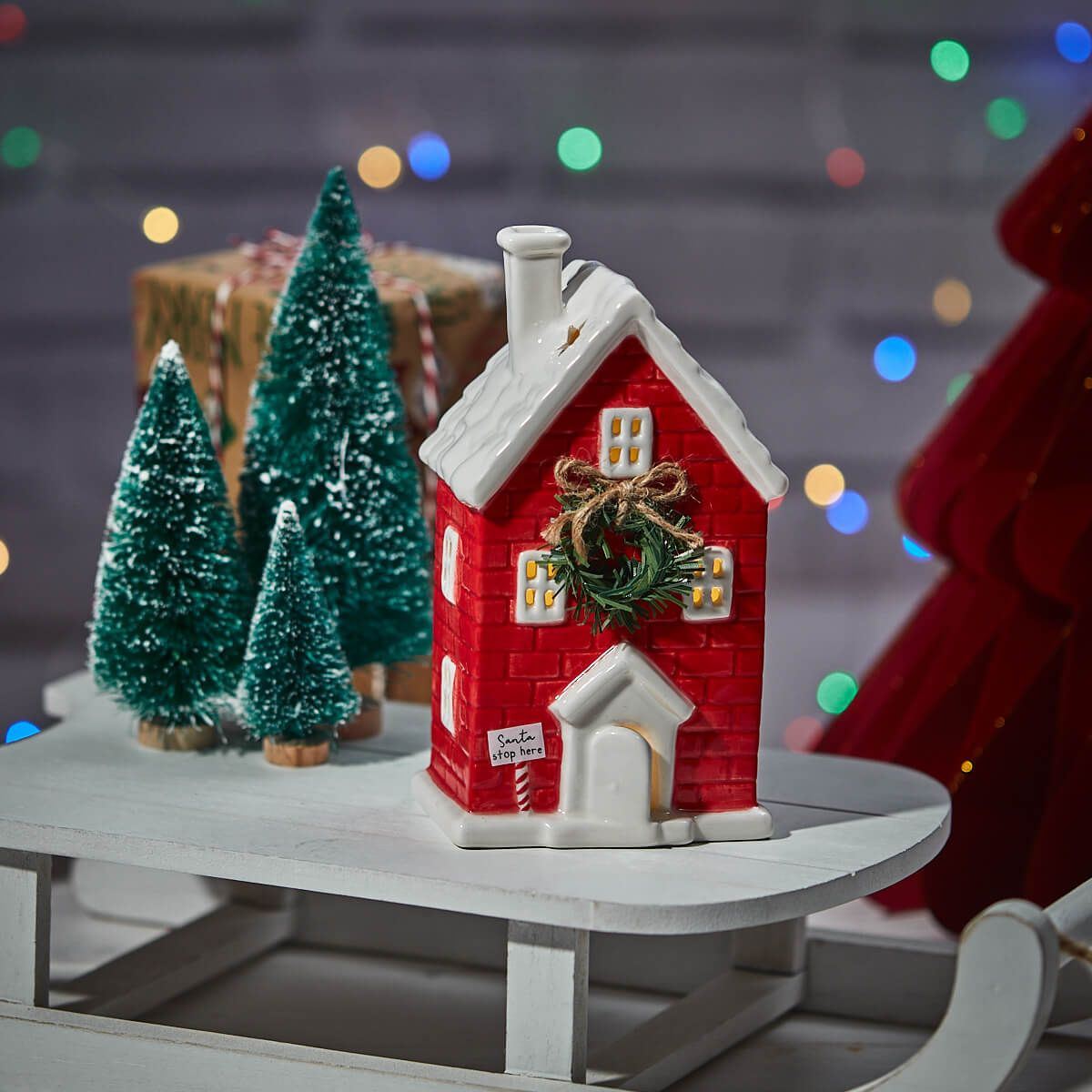 Ceramic Christmas LED House Ornament Santa Stop Here Festive Light-Up Decoration LED Light - Tophatter Daily Deals