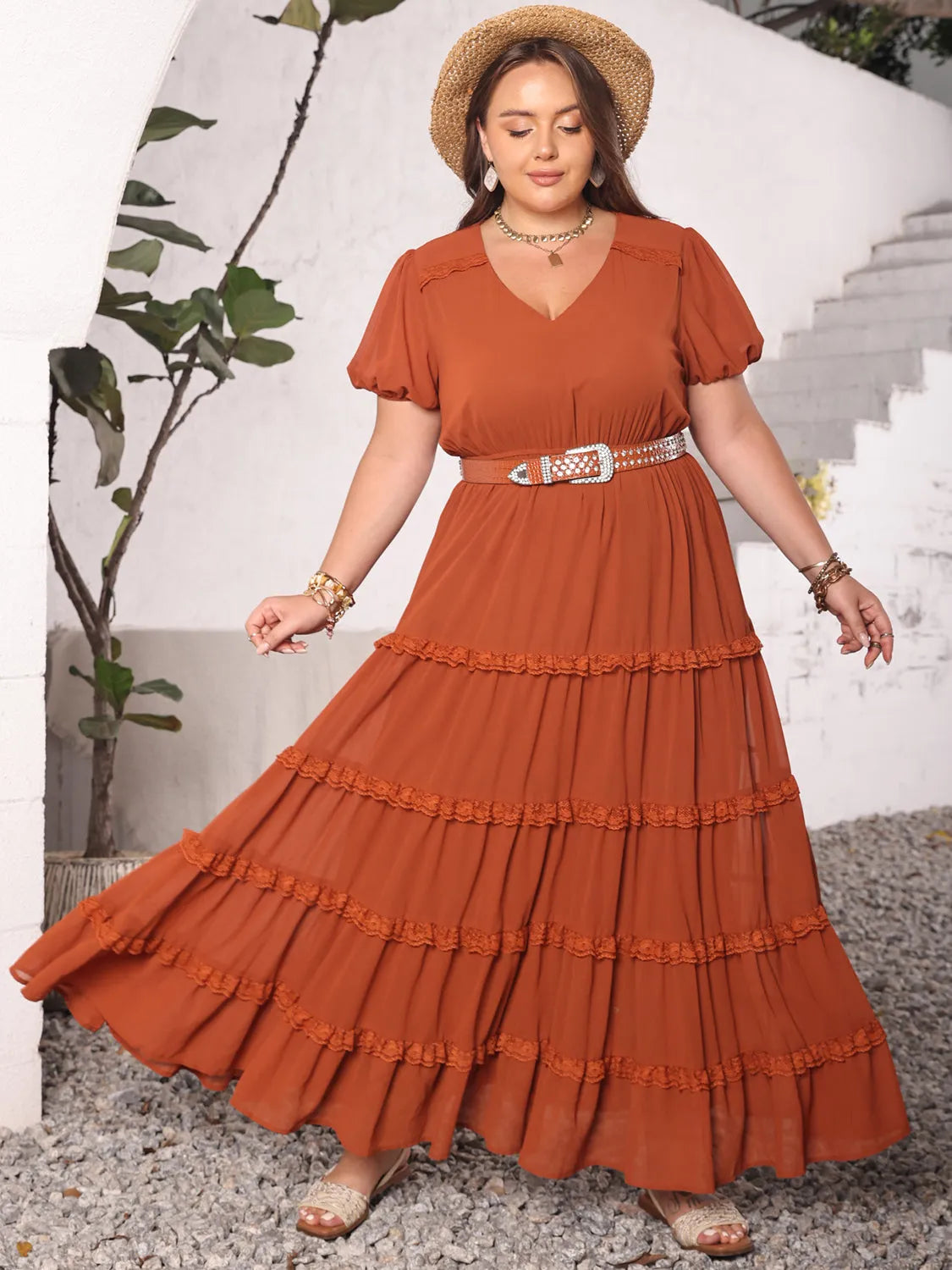 Plus Size Ruched Lace Detail V-Neck Short Sleeve Dress Casual Dresses - Tophatter Daily Deals