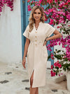 Slit Drawstring Notched Short Sleeve Dress Sand Casual Dresses - Tophatter Daily Deals