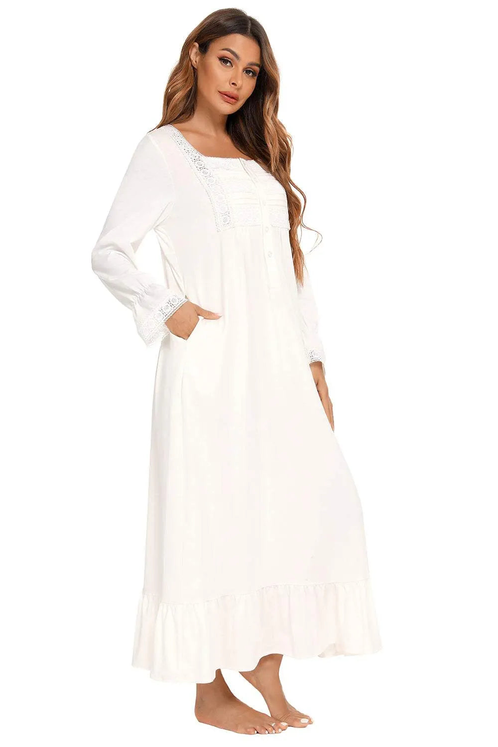 Lace Detail Square Neck Flounce Sleeve Night Dress Sleep Dresses - Tophatter Daily Deals