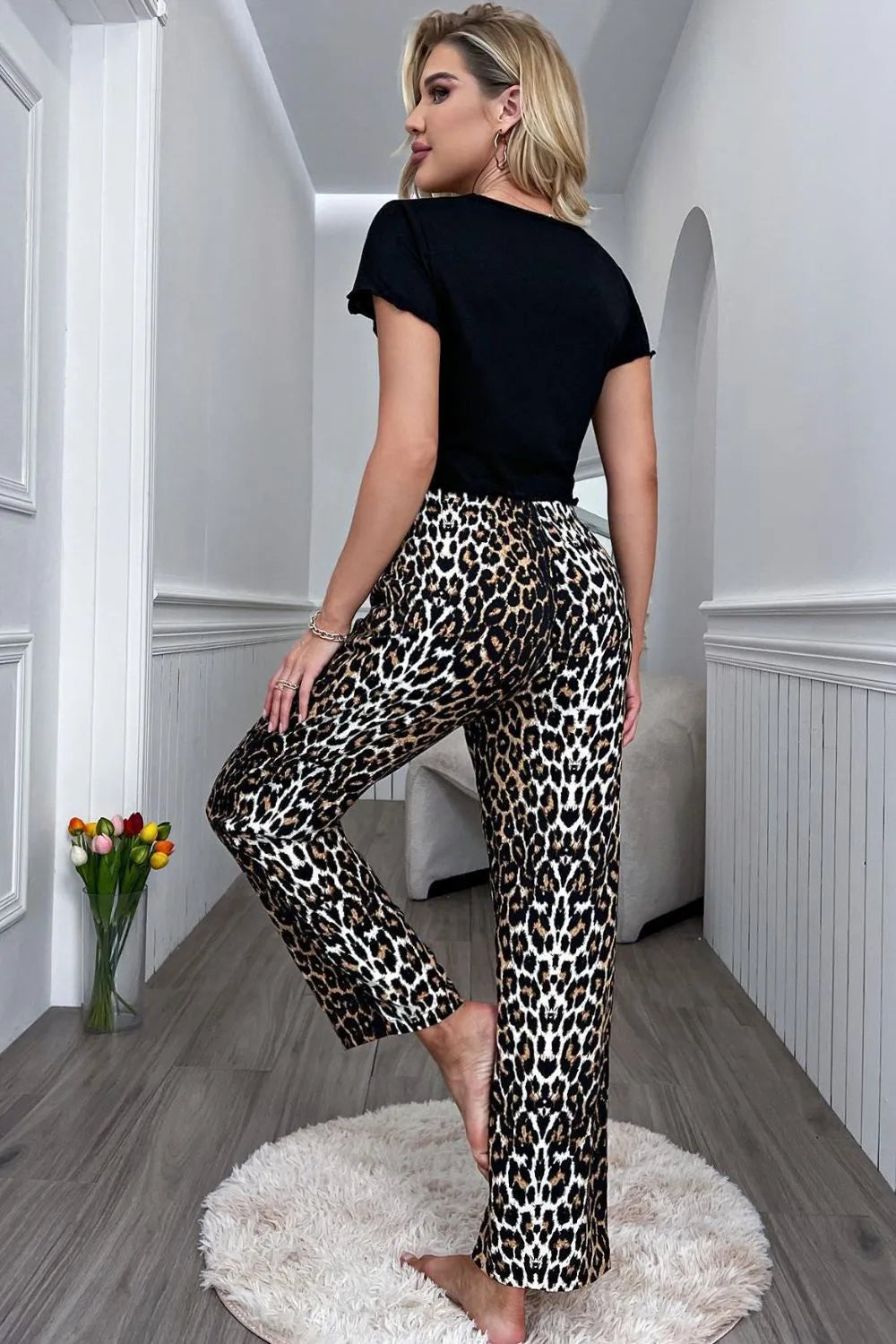 Lettuce Trim Cropped T-Shirt and Leopard Pants Lounge Set Loungewear Sets - Tophatter Daily Deals