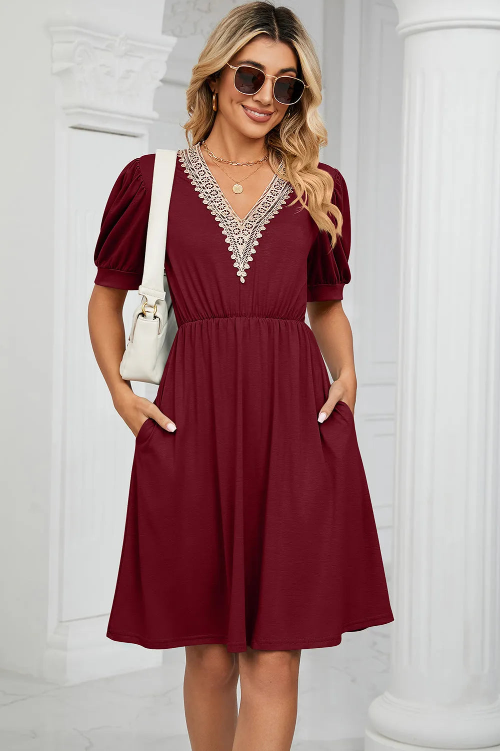 V-Neck Puff Sleeve Dress Casual Dresses - Tophatter Daily Deals