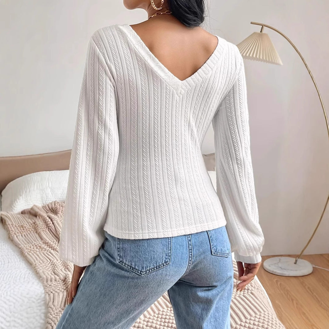 Fitted Womens V Neck Bishop Sleeve Top - Ribbed Knit Casual 3D Changing Face Moving Picture Frame - Tophatter Daily Deals
