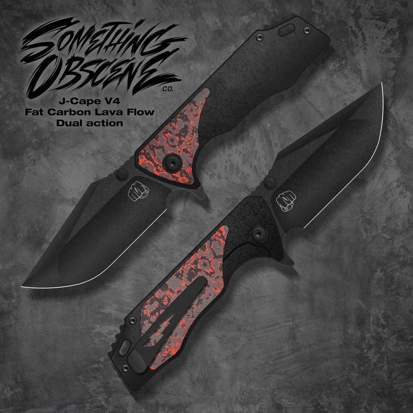Something Obscene Company J-Cape V4 - St. Nick's Knives Exclusive - CPM-20CV Steel - Fat Carbon Lava Flow Inlays - Blackout Titanium Handle - Dual Action Knives - Tophatter Daily Deals