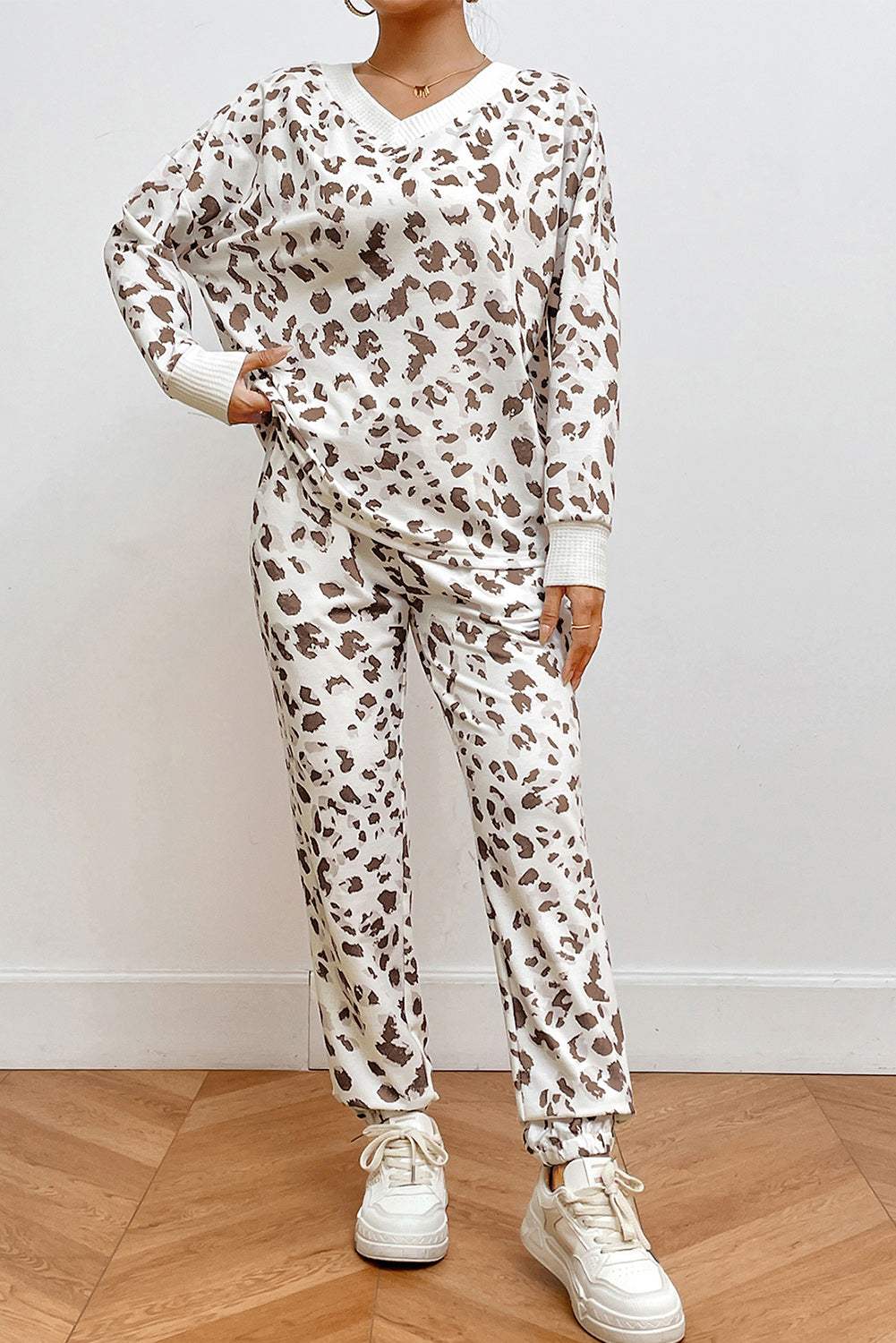 Leopard V-Neck Top and Pants Lounge Set White Loungewear Sets - Tophatter Daily Deals