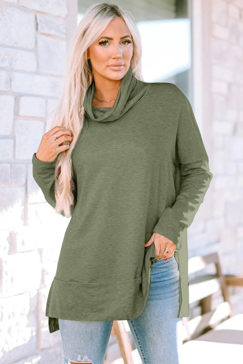 Cowl Neck Long Sleeve Slit Blouse Sage Blouses - Tophatter Daily Deals